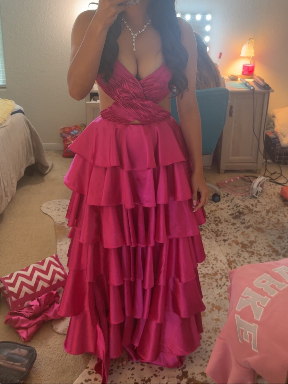 Sherri Hill Hot Pink Tiered Ruffle Prom Gown